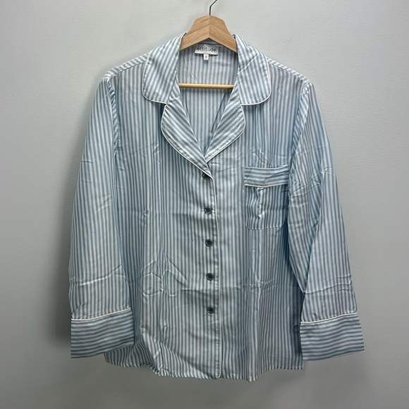NEW Ettitude Bamboo Sateen PJ Shirt Long Sleeve Starlight Blue Striped Small - Picture 4 of 9